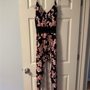 Black Floral High-Low Maxi Dress with Pink Flowers